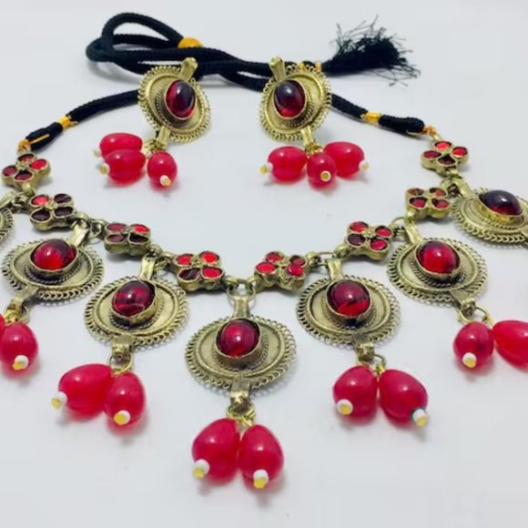 Afghani Stone Jewelry Set, Handmade Choker Necklace With Earrings, Tribal Jewelr - Picture 7 of 9